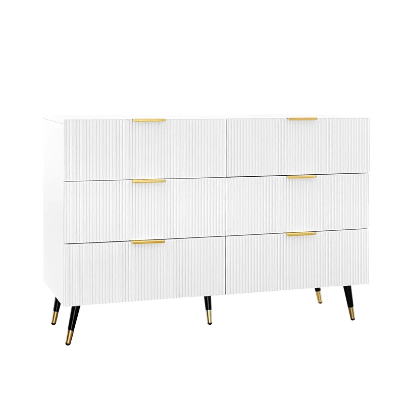 Buffet élégant blanc 6 tiroirs, poignées et pointe de pieds dorés 120*40*77cm COQREOD WHITE