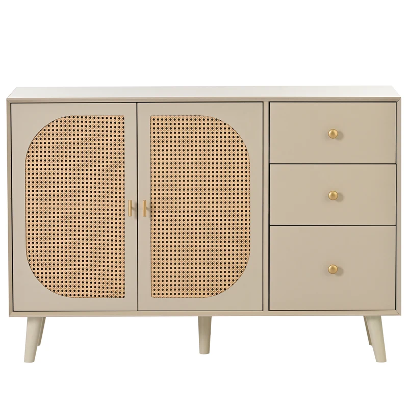 Buffet effet bois clair avec portes et tiroirs, poignées dorées 120*40*82cm GHUXEOTS