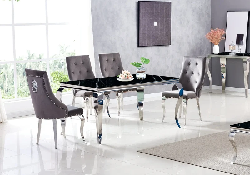 Table et chaises capitonnées marbre noir argent - Neo