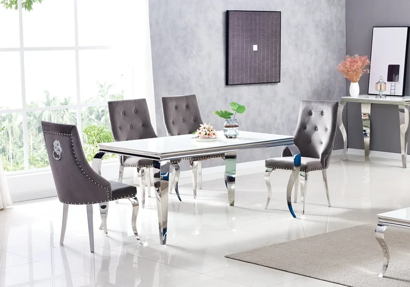 Table et chaises capitonnées verre blanc argent - Neo