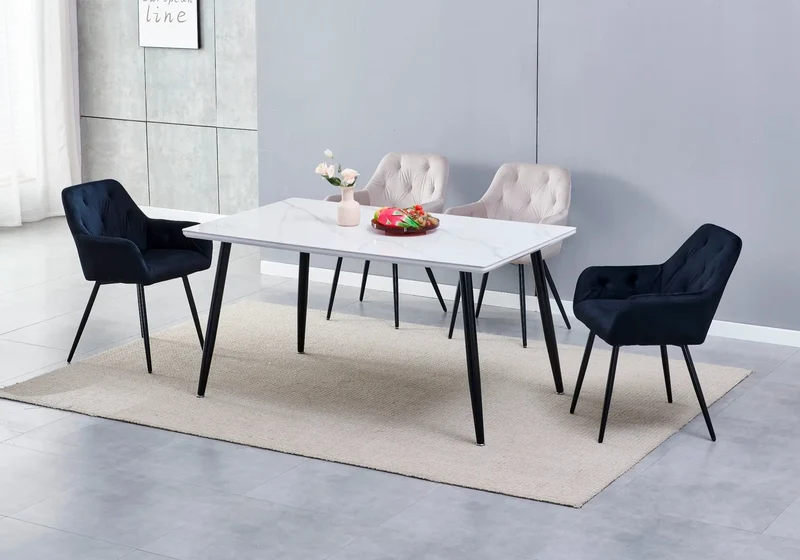 Ensemble table chaise noire céramique marbre blanc - Zora