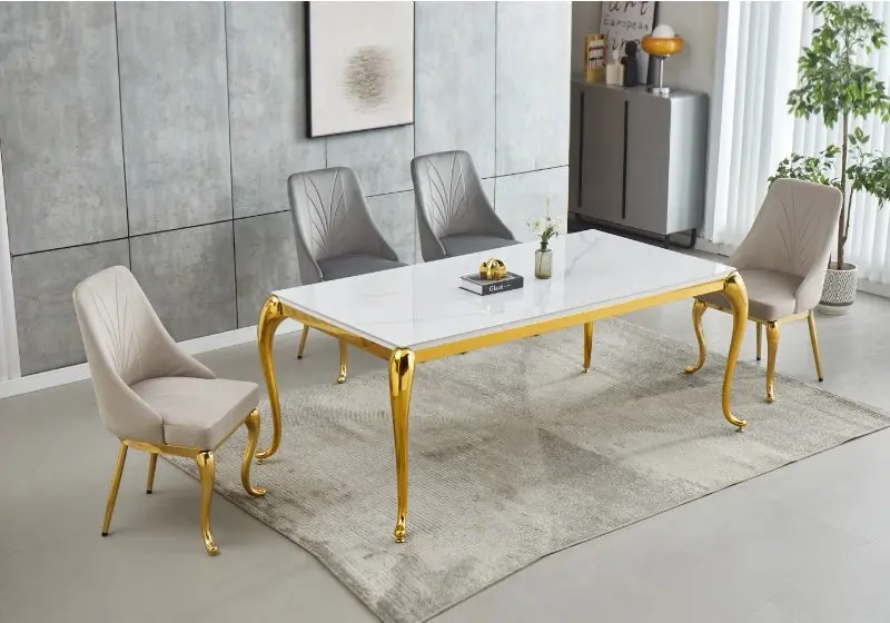 Ensemble table chaise dorée céramique marbre blanc - Sofie