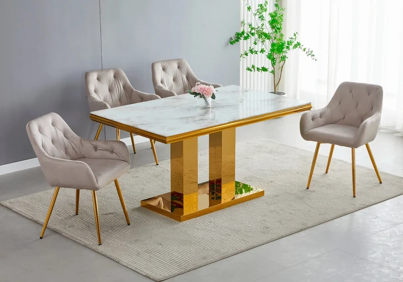 Ensemble table chaise dorée marbre beige - Versus