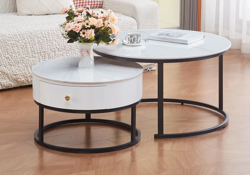 Tables rondes gigognes noir marbre blanc - Orea