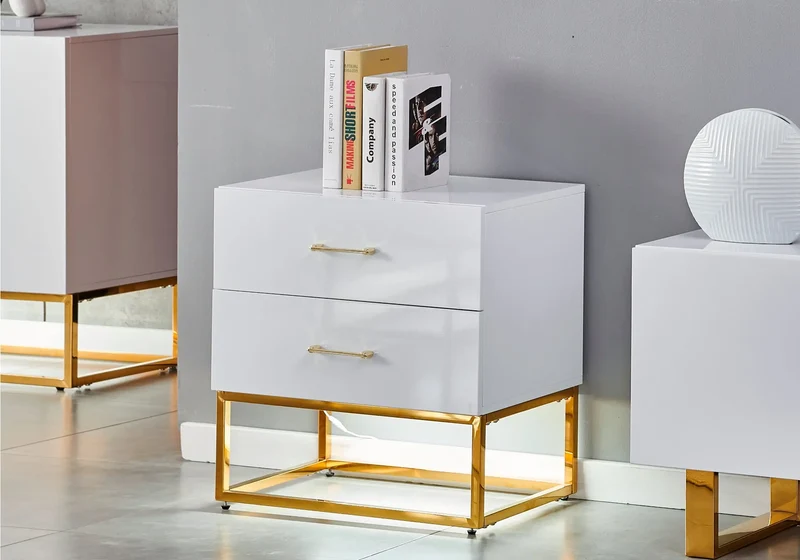 Petit meuble rangement doré laqué blanc - Line