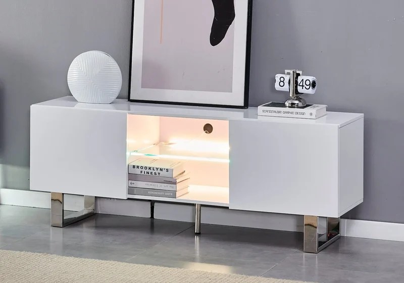 Meuble tv design argent laqué blanc - Line