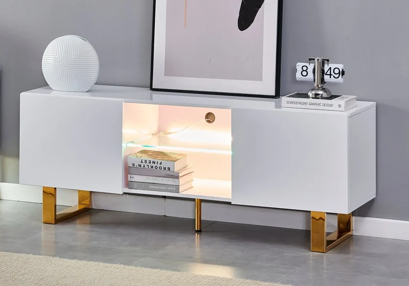 Meuble tv design doré laqué blanc - Line