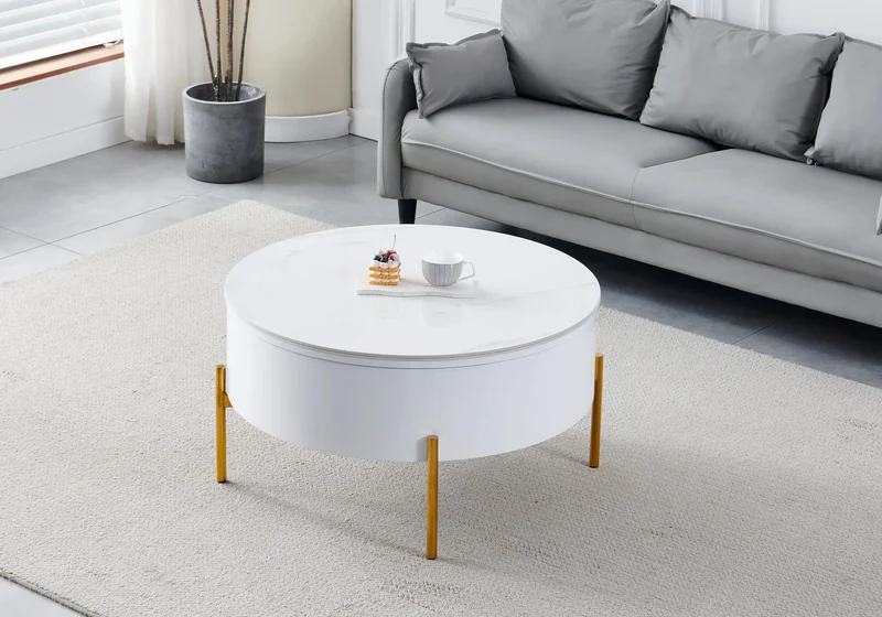Table basse ronde dorée céramique marbre blanc - Vega