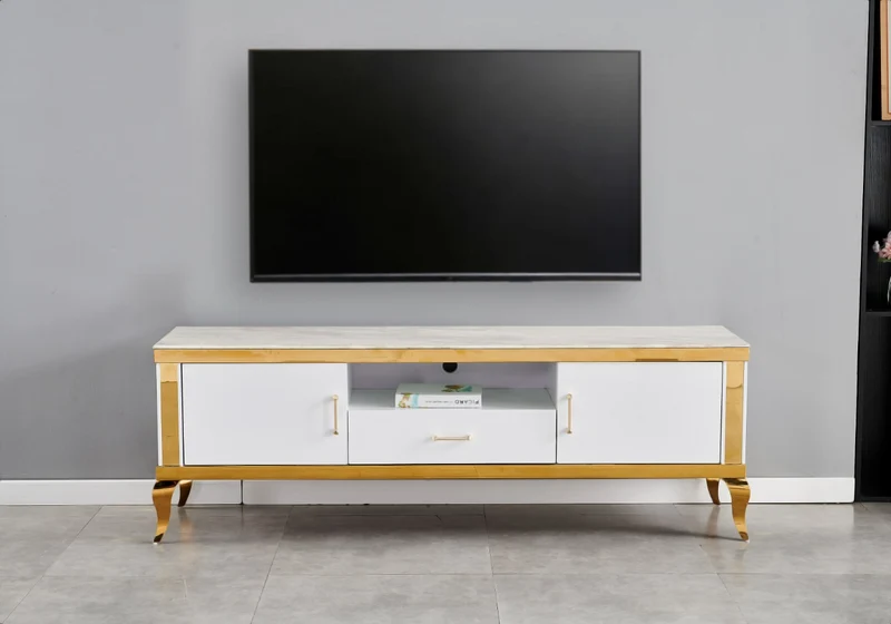 Meuble TV 170 cm marbre beige doré - Neo
