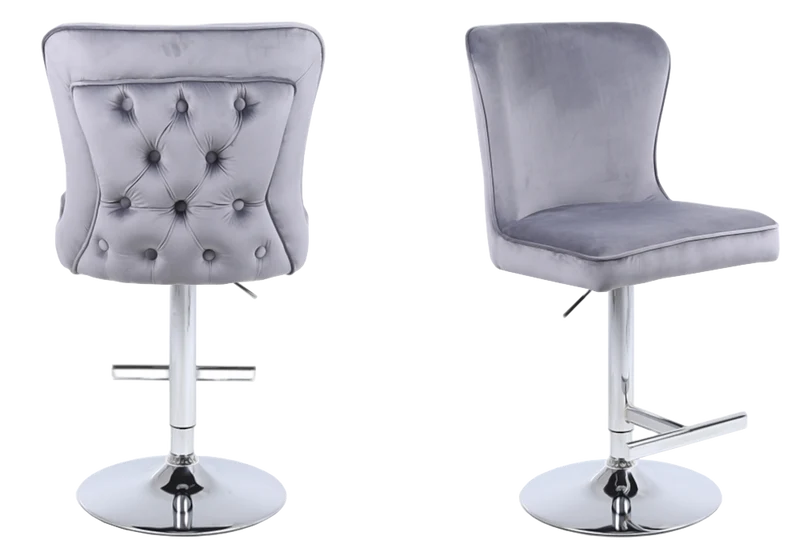 Chaise de bar capitonnée velours gris argent - Enzo x2