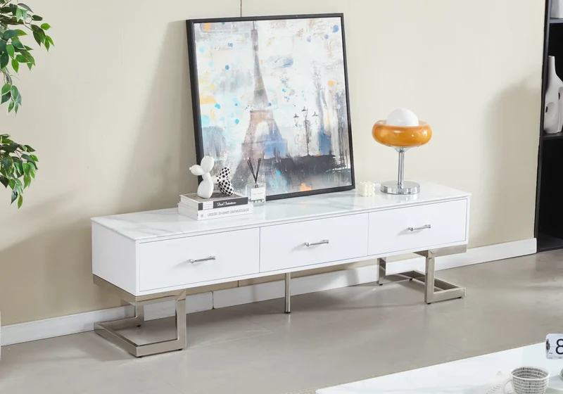 Meuble banc tv marbre blanc - Odel