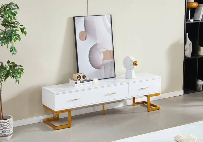 Meuble banc tv doré marbre blanc - Odel
