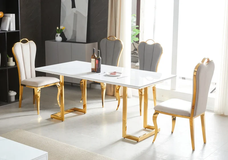 Table à manger dorée céramique marbre blanc - Odel