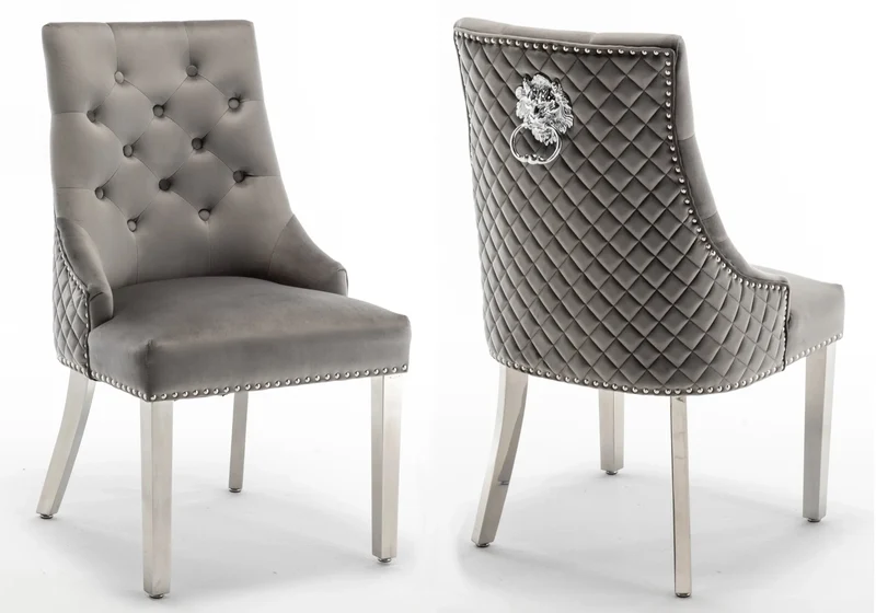 Chaise capitonnée velours anthracite tête de lion argent - Lion x2