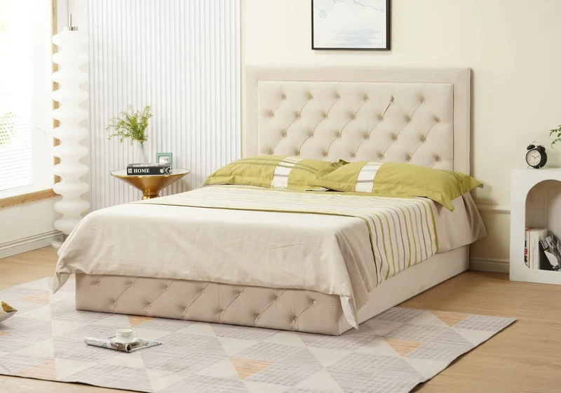 Lit capitonné en velours beige - Myris