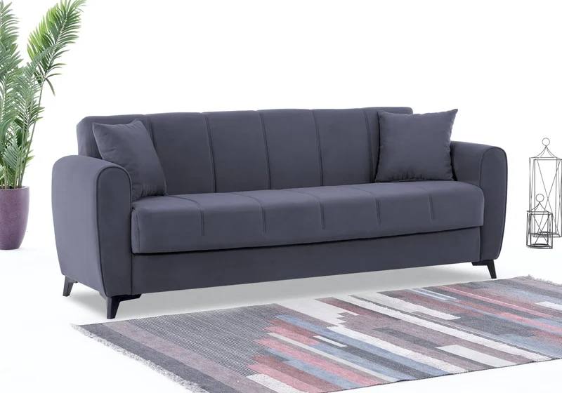 Canapé Turc Pas Cher - Lit & Coffre de Rangement - Velours Gris LARA