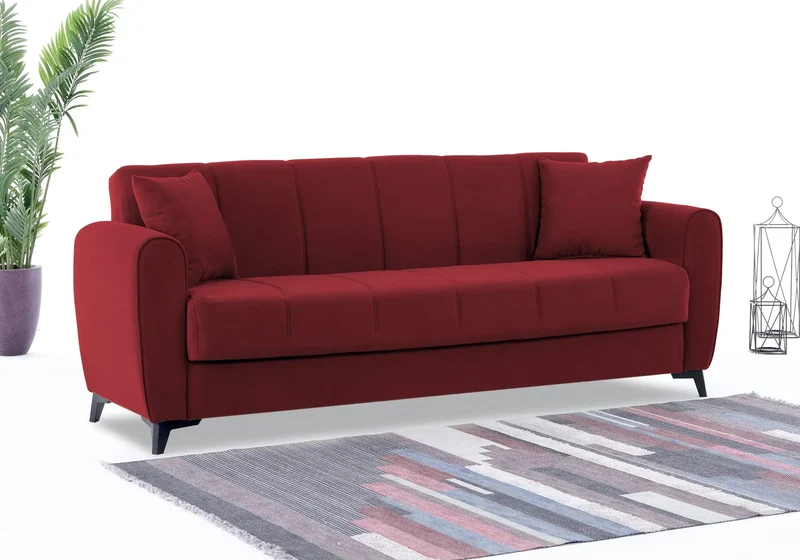 Canapé Turc Pas Cher - Lit & Coffre de Rangement – Velours Rouge LARA