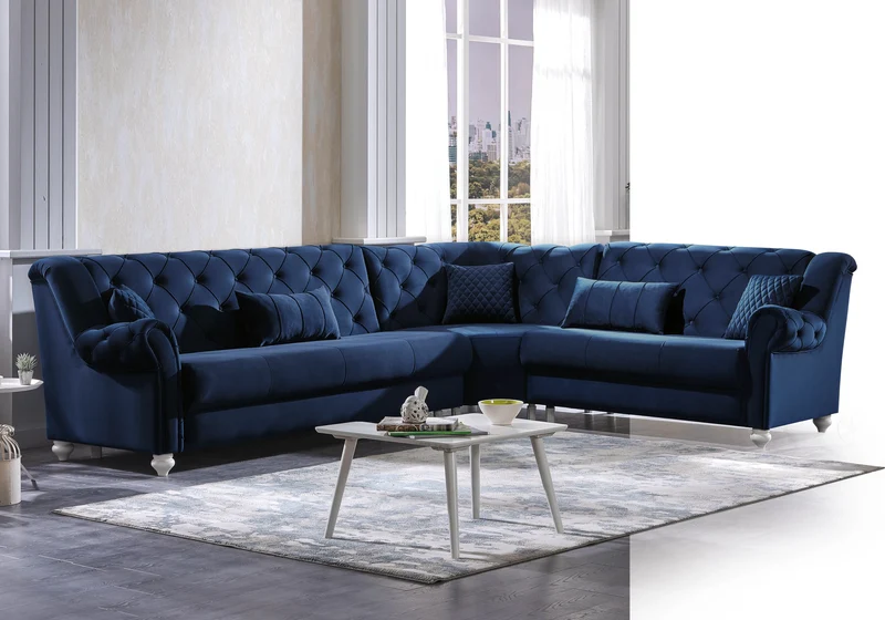 Canapé d’angle capitonné velours bleu – MEVA