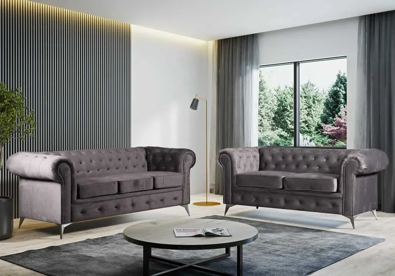 Canapé Chesterfield velours anthracite - Hugo