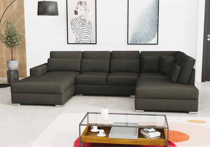 Canapé angle U velours anthracite - Lea