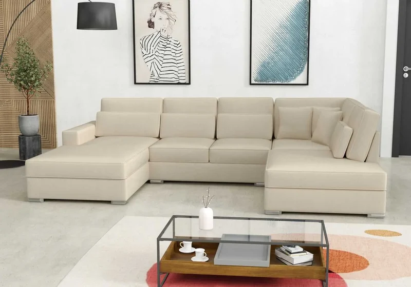 Canapé angle U velours beige - Lea