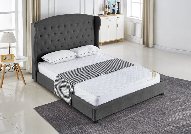 Lit chester capitonné tissu gris - Erac