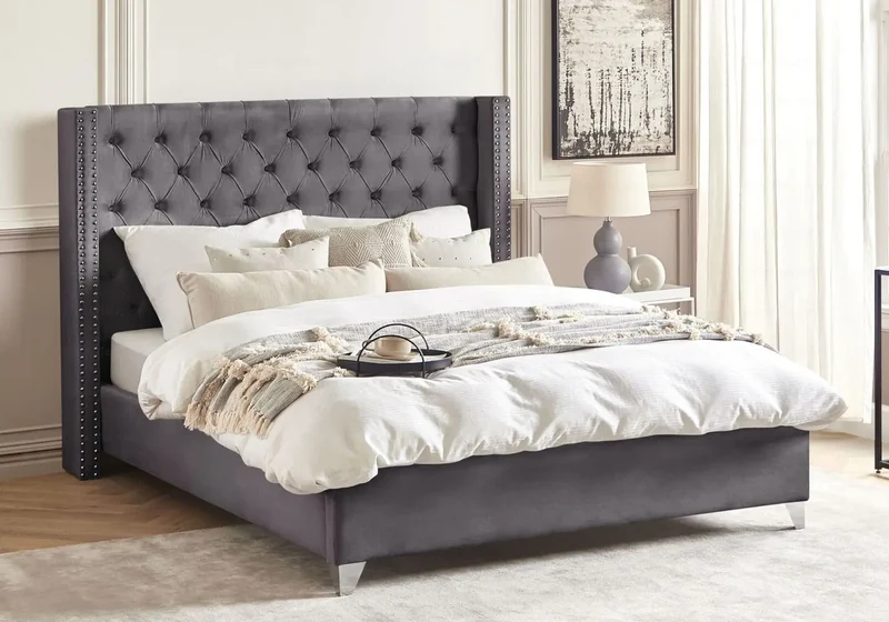Lit king size velours gris capitonné - Chester
