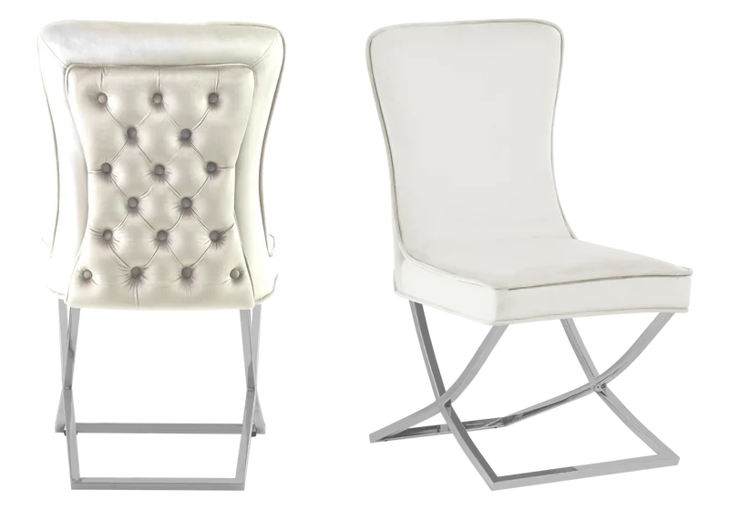 Chaise capitonnée pied croisé argent écrue - Enzo x2
