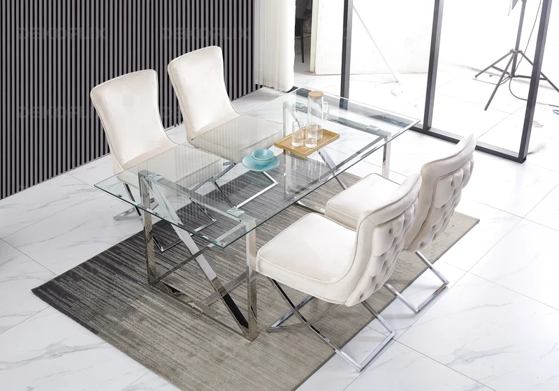 Table verre et 4 chaises velours beige argent - Enzo