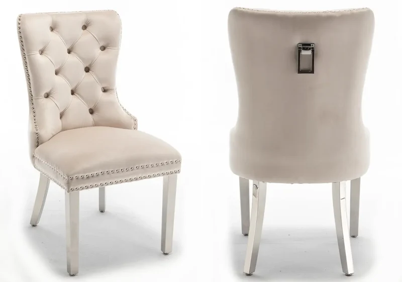 Chaises en velours beige avec poignée argentée - Lora x2