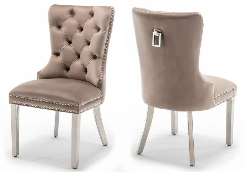 Chaises en velours moka avec poignée argentée - Lora x2