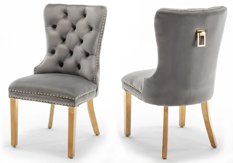 Chaises en velours gris avec poignée dorée - Lora x2
