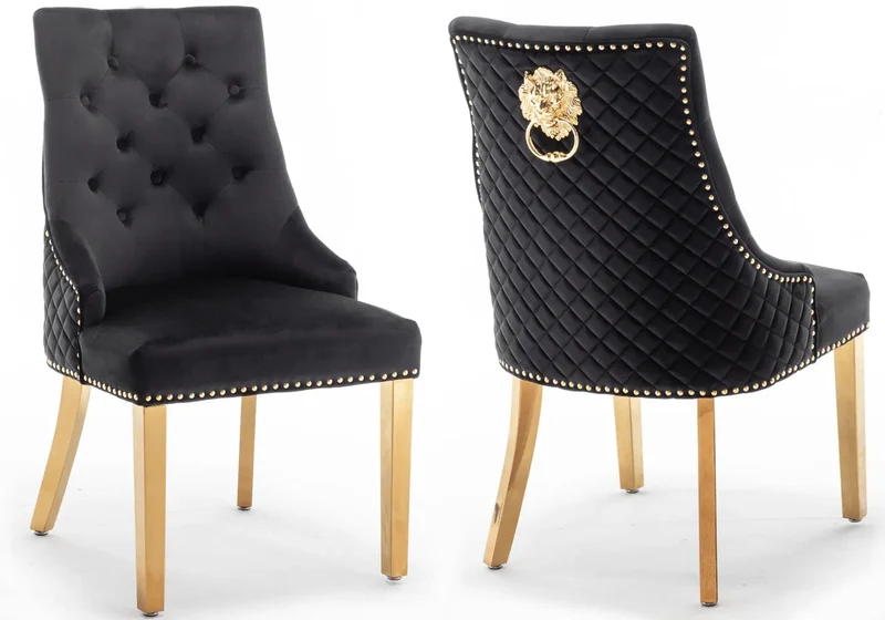 Chaise capitonnée velours noir tête de lion dorée - Lion x2