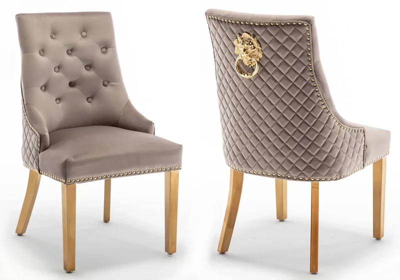 Chaise capitonnée velours moka tête de lion dorée - Lion x2