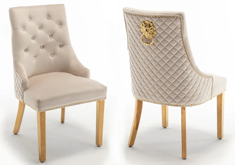 Chaise capitonnée velours beige tête de lion dorée - Lion x2