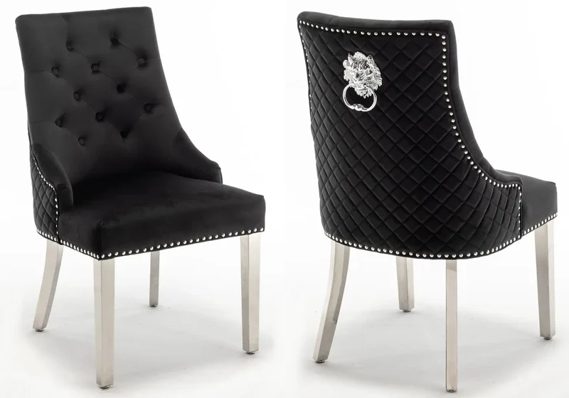Chaise capitonnée velours noir tête de lion argent - Lion x2
