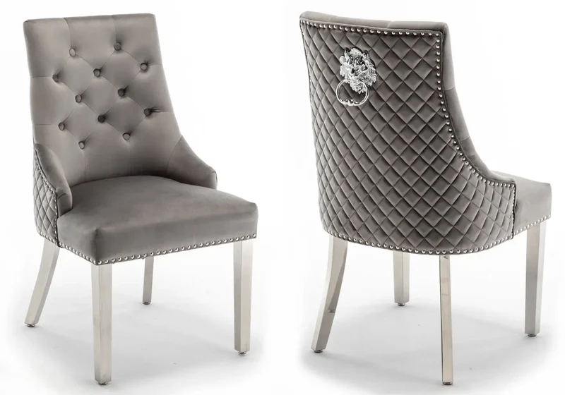Chaise capitonnée velours gris tête de lion argent - Lion x2