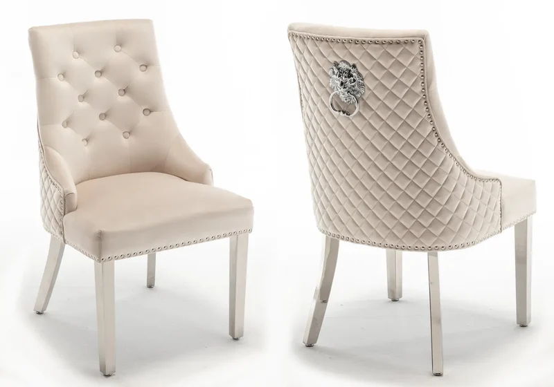 Chaise capitonnée velours beige tête de lion argent - Lion x2