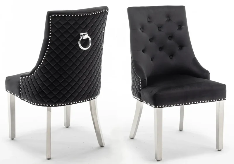 Chaise capitonnée velours noir anneau argent - Lidy x2