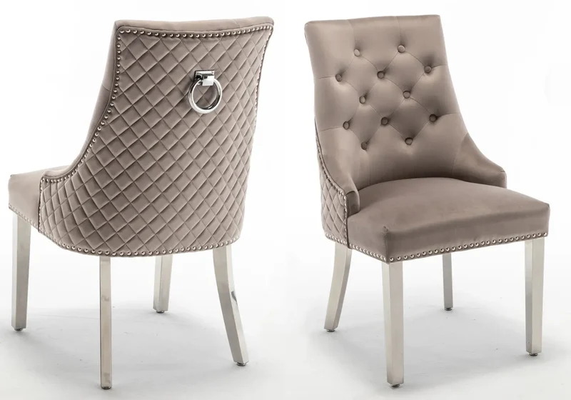 Chaise capitonnée velours moka anneau argent - Lidy x2