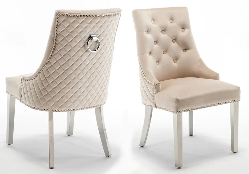 Chaise capitonnée velours beige anneau argent - Lidy x2