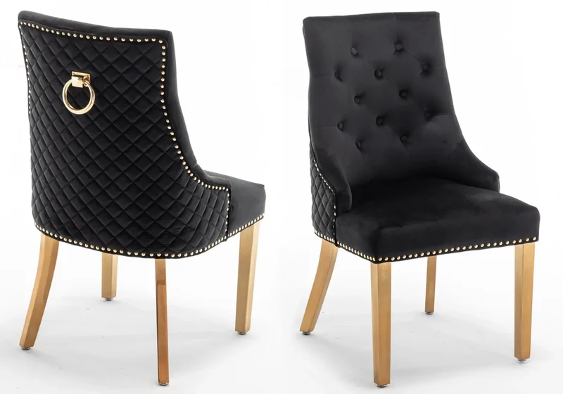 Chaise capitonnée velours noir anneau doré - Lidy x2