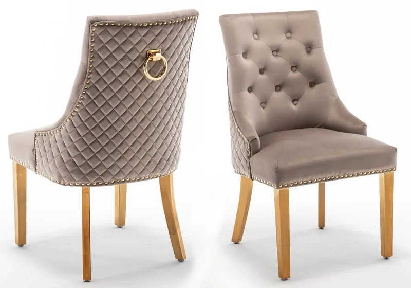 Chaise capitonnée velours moka anneau doré - Lidy x2