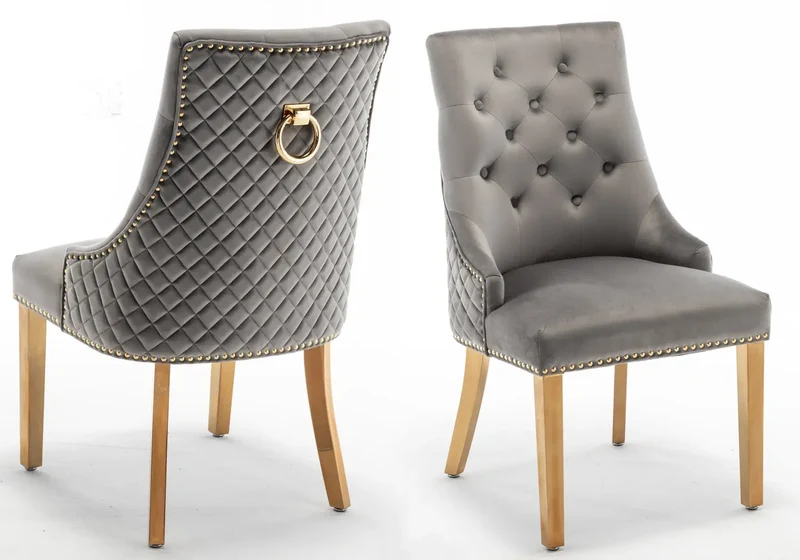 Chaise capitonnée velours anthracite anneau doré - Lidy x2