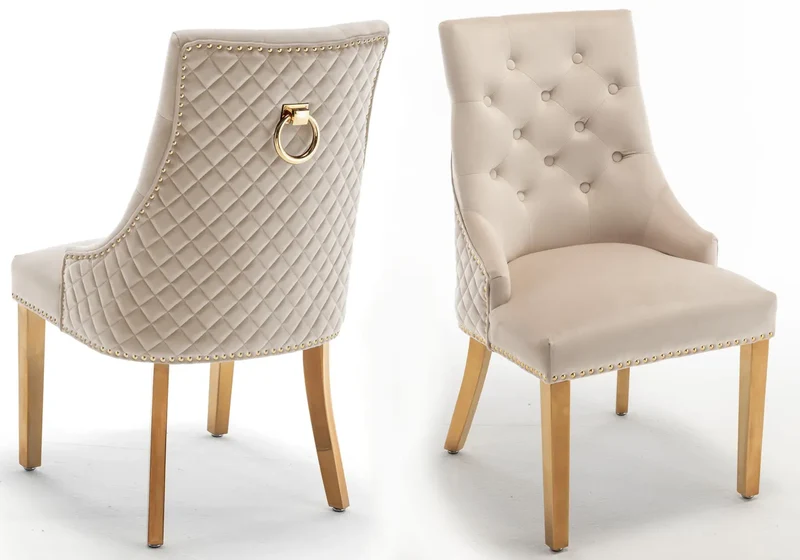 Chaise capitonnée velours beige anneau doré - Lidy x2