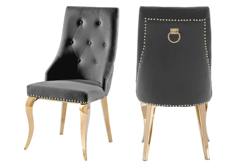 Chaises cloutées en velours anthracite et anneau doré - Lara x4