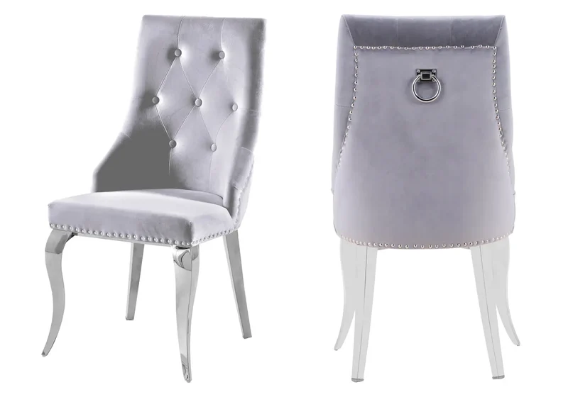 Chaises cloutées en velours gris et anneau argenté - Lara x4