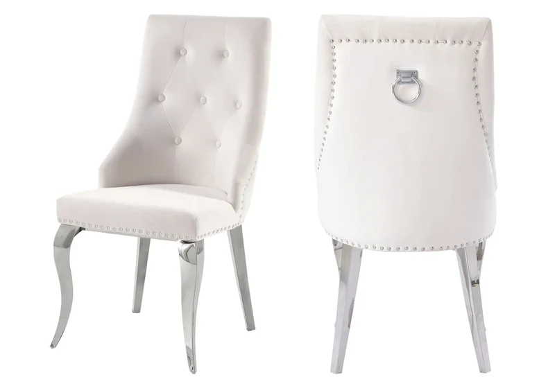 Chaises cloutées en velours écru et anneau argenté - Lara x4