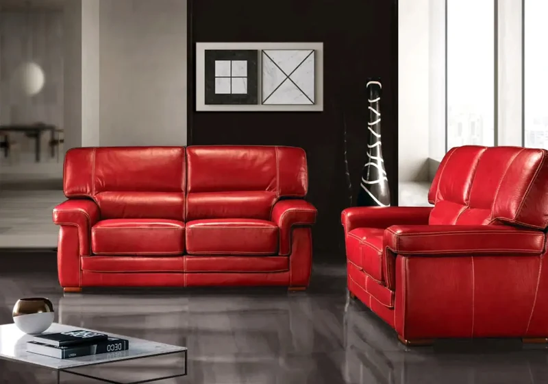 Canapé droit fixe en cuir rouge avec surpiqûres - Leia