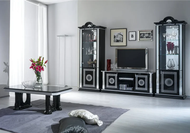 Ensemble meuble tv laquée noir argent ALİA